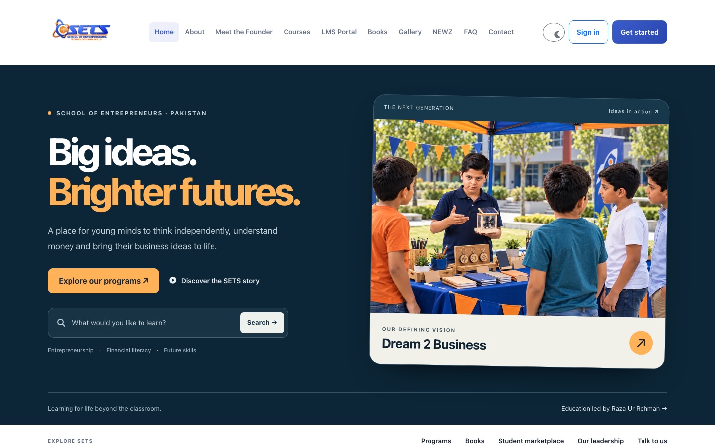School of Entrepreneurs (SETS) website, built by RUR Technologies